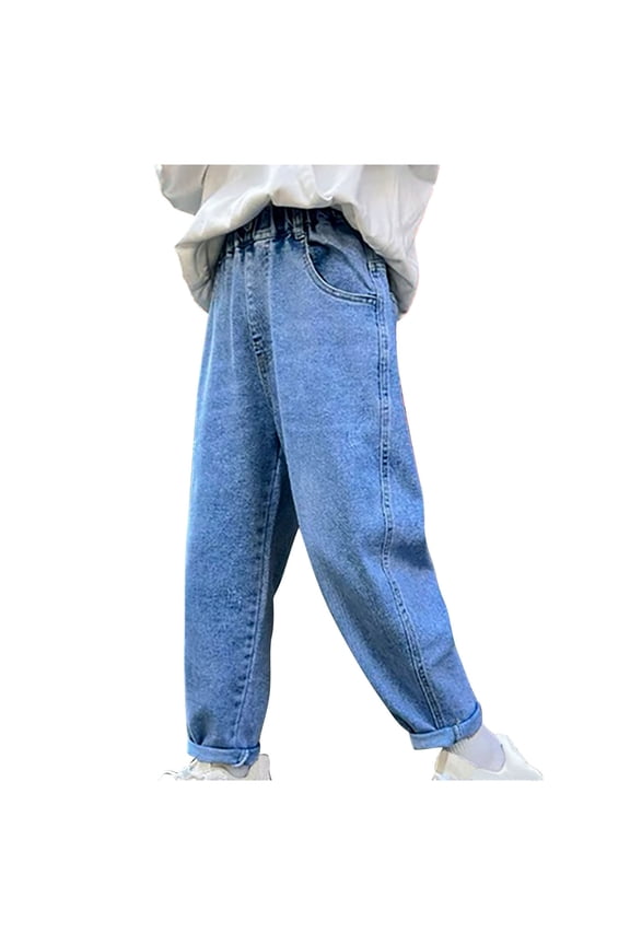 Toddler Boys Jeans in Clearance, Elastic Waist Casual Pants with Pockets Kids Trousers on Sale Blue Size 2-3T