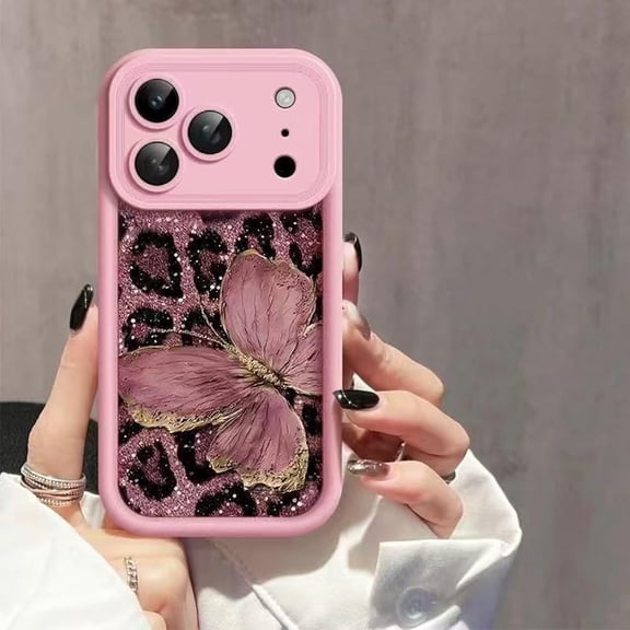 Vupene Leopard Print and Butterfly Phone Case, Simple Leopard Butterfly Design, Slim Protective Cover with Stylish Pattern, for iPhone 13/14/15/16/17 Pro Max (Pink,for 14)