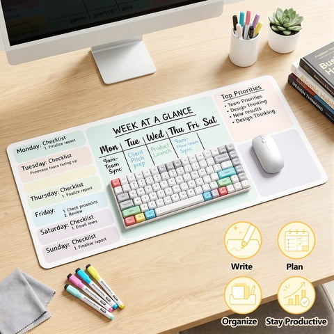 Vusign Erasable Dry Erase Desk Mat 32" x 14", Large Non-Slip Writing Table Mat,Reusable Desktop Whiteboard Pad for Office Home