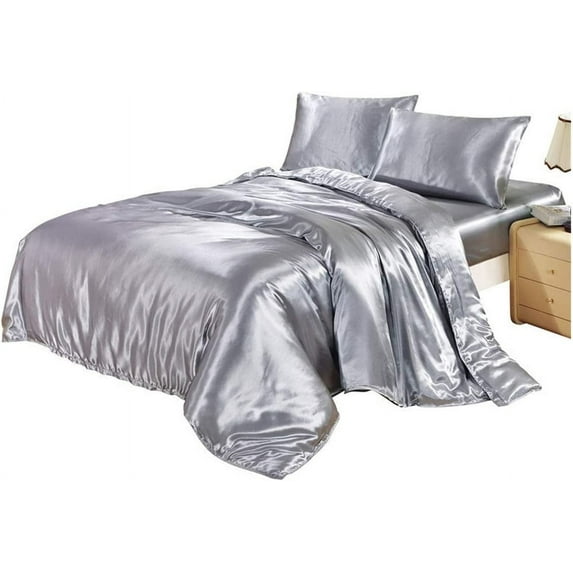 Vuvet Bedding 100% Pure Silk Sateen Sheet Set | 4 Pc |Fitted Sheet Fits Up to 15" Deep Pocket Mattress|Flat Sheet Fitted Sheet Pillowcase Set|Wrinkle Free Fade Resistant (California King, Silver Grey)