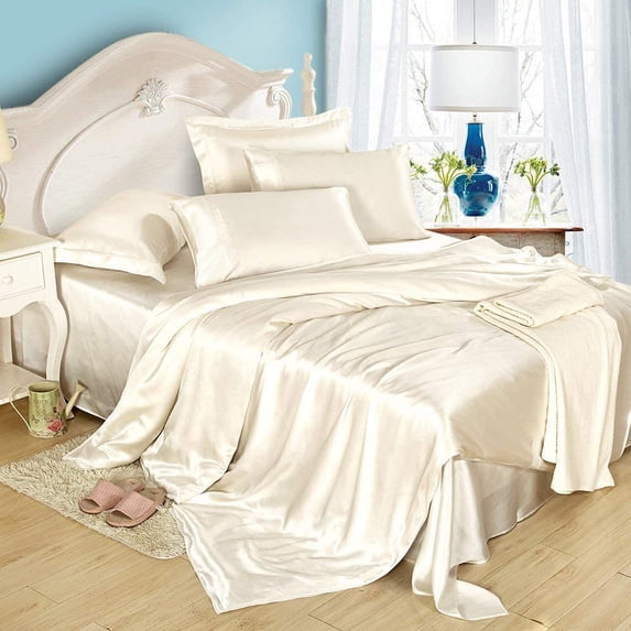 Vuvet Bedding 100% Pure Silk Sateen Sheet Set | 4 Pcs | Fitted Sheet Fits Up to 15" Deep Pocket Mattress | Flat Sheet Fitted Sheet & Pillowcase Set | Wrinkle Free Fade Resistant (Queen, Ivory)