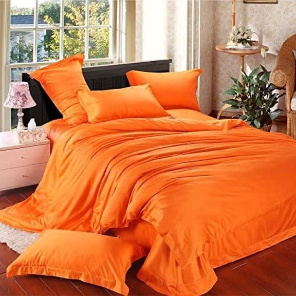 Vuvet Bedding 100% Pure Silk Sateen Sheet Set | 4 Pcs | Fitted Sheet Fits Up to 15" Deep Pocket Mattress | Flat Sheet Fitted Sheet & Pillowcase Set | Wrinkle Free Fade Resistant (Twin, Orange)