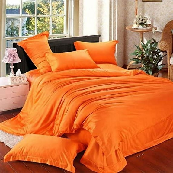 Vuvet Bedding 100% Pure Silk Sateen Sheet Set | 4 Pcs | Fitted Sheet Fits Up to 15" Deep Pocket Mattress | Flat Sheet Fitted Sheet & Pillowcase Set | Wrinkle Free Fade Resistant (Twin XL, Orange)