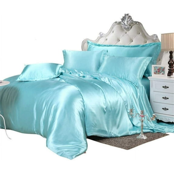 Vuvet Bedding 100% Pure Silk Sateen Sheet Set | 4 Pcs | Fitted Sheet Fits Up to 15" Deep Pocket Mattress | Flat Sheet Fitted Sheet Pillowcase Set | Wrinkle Free Fade Resistant (Short Queen, Aqua Blue)