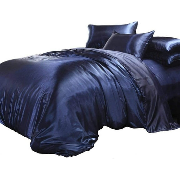 Vuvet Bedding 100% Pure Silk Sateen Sheet Set|7 Pc|Fitted Sheet Fits Upto 15" Deep Pocket|Flat Sheet Duvet Pillowcase|Wrinkle Free (California King, Navy Blue)
