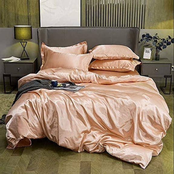 Vuvet Bedding 100% Pure Silk Sateen Sheet Set |7 Pcs|Fitted Sheet Fits up to 15" Deep Pocket Mattress|Flat Sheet Duvet Pillowcase Set|Wrinkle Free (King, Peach)