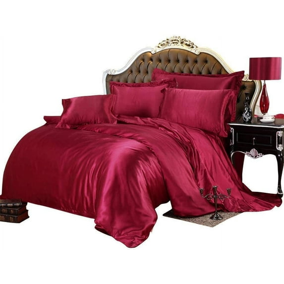 Vuvet Bedding 100% Pure Silk Sateen Sheet Set |7 Pcs|Fitted Sheet Fits Up to 15" Deep Pocket Mattress|Flat Sheet Fitted Sheet Duvet Pillowcase Set|Wrinkle Free Fade Resistant (Super Queen, Burgundy)