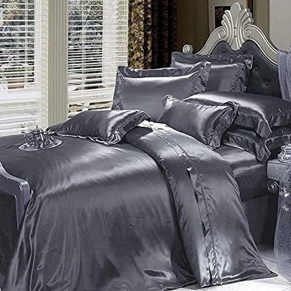 Vuvet Bedding 100% Pure Silk Satin Sheet 7pcs,Silk Fitted Sheet 15''Deep Pocket,Silk Flat Sheet,Silk Duvet Cover & Pillowcases |Cool Soft Silk Sheets|Wrinkle Free Fade Resistant|TwinXL,Dark Grey