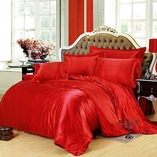 Vuvet Bedding 100% Pure Silk Satin Sheet Set 7pcs, Silk Fitted Sheet 15'' Deep Pocket,Silk Flat Sheet,Silk Duvet Cover & Pillowcases Set !!! King, Blood Red