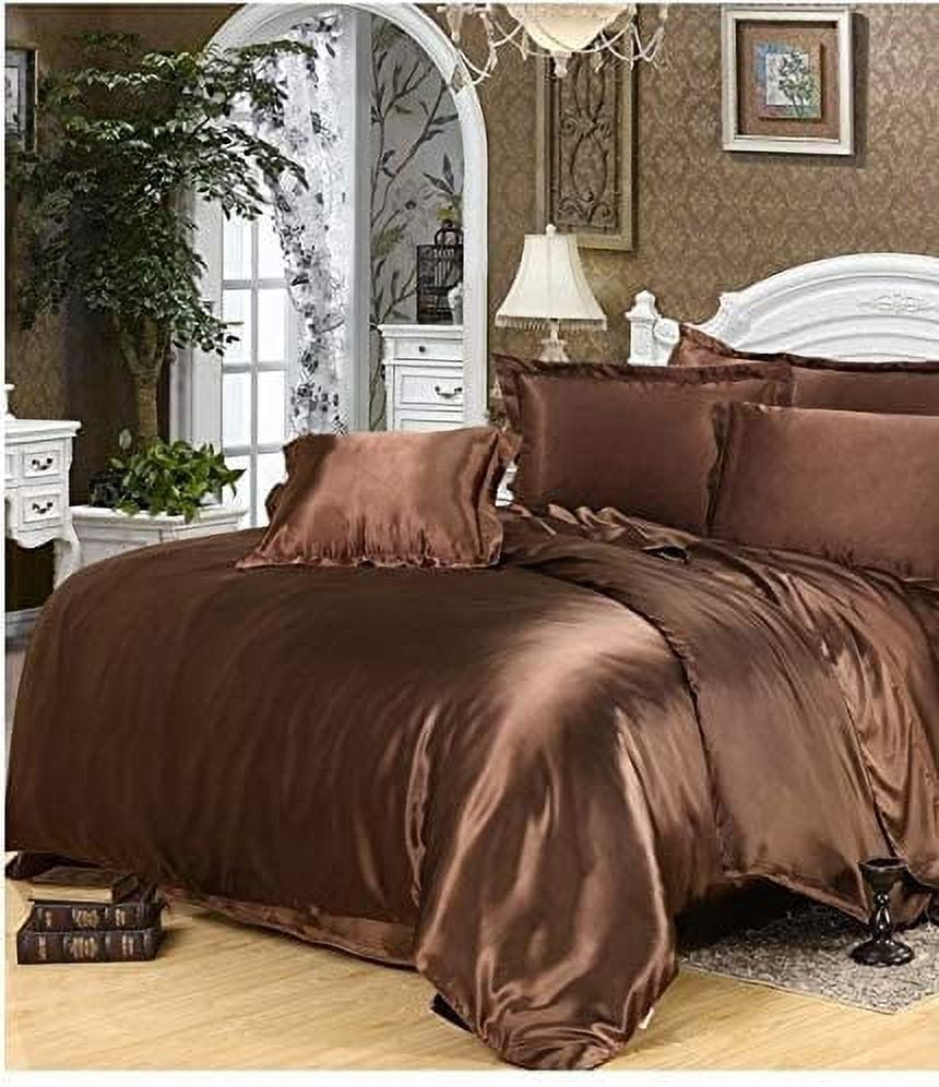 Vuvet Bedding 100% Pure Silk Satin Sheet Set 7pcs,Silk Fitted Sheet 15'' Deep Pocket,Silk Flat Sheet,Silk Duvet Cover & Pillowcases Set| Wrinkle Free|Cal-King,Brown