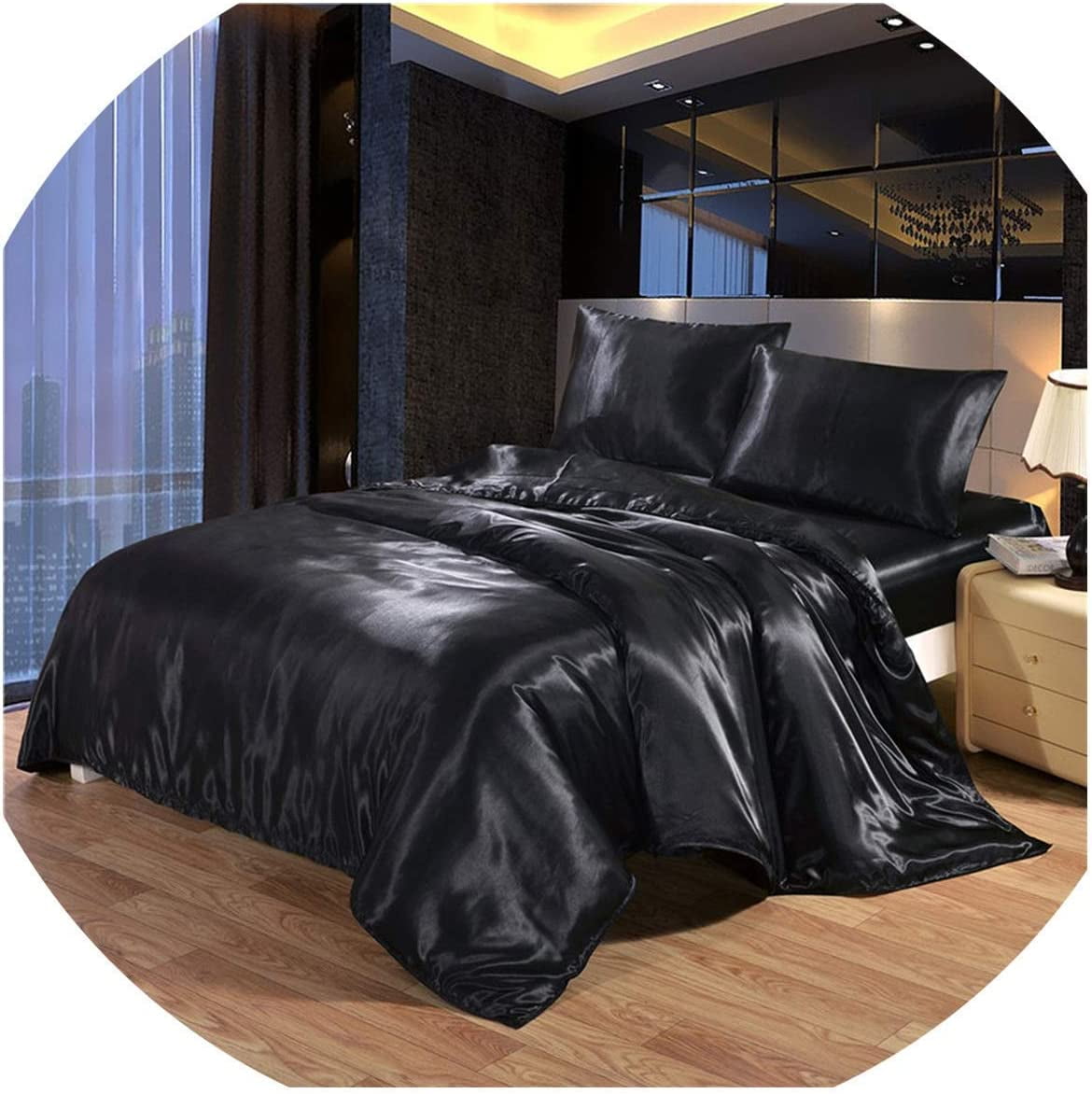 Vuvet Bedding 100% Pure Silk Satin Sheet Set 7pcs,Silk Fitted Sheet 15''Deep Pocket,Silk Flat Sheet,Silk Duvet Cover & Pillowcases|Wrinkle Free Cal-Queen,Black