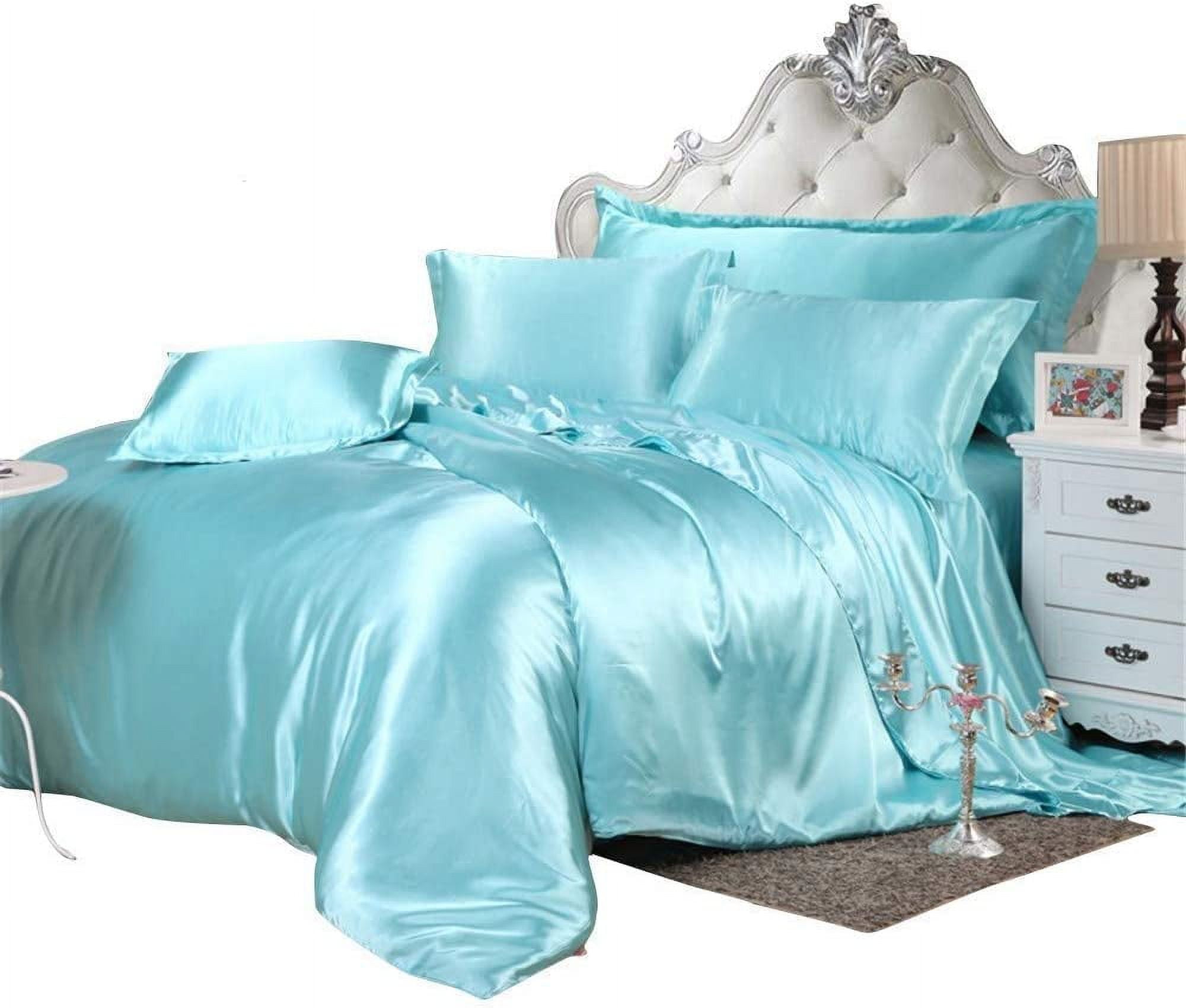 Vuvet Bedding 100% Pure Silk Satin Sheet 7pcs,Silk Fitted Sheet 15''Deep Pocket,Silk Flat Sheet,Silk Duvet Cover & Pillowcases |Wrinkle Free|Cal-King,Sky Blue