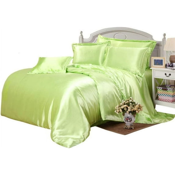 Vuvet Bedding 100% Pure Silk Satin Sheet Set 7pcs,Silk Fitted Sheet 15''Deep Pocket,Silk Flat Sheet,Silk Duvet Cover & Pillowcases Set|Cool Soft Silk Sheets|Wrinkle Free Fade Resistant|OLY-Queen,Sage