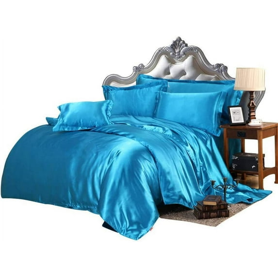 Vuvet Bedding 100% Silk Sateen Sheet Set|7 Pc|Fitted Sheet Fits Up to 15" Deep Pocket Mattress|Flat Sheet Fitted Sheet Duvet Pillowcase Set|Wrinkle Free Fade Resistant(California Queen,Turquoise Blue)