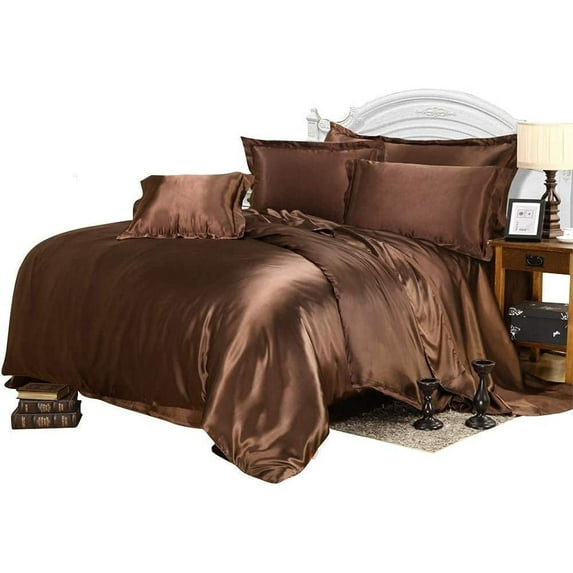 Vuvet Bedding 100% Silk Sateen Sheet Set |7 Pcs|Fitted Sheet Fits Up to 15" Deep Pocket|Flat Sheet, Duvet Cover& Pillowcase|Wrinkle Free(California Queen, Chocolate)