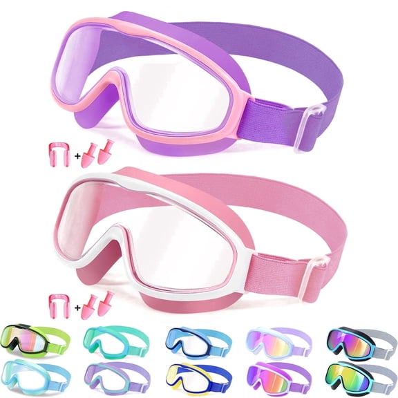 Vvinca Kids Swim Goggles 2 Pack – Bungee Strap No Hair Pulling, Anti-Fog UV Protection, 3D Silicone Seal, Ages 3-14 Toddler to Teen