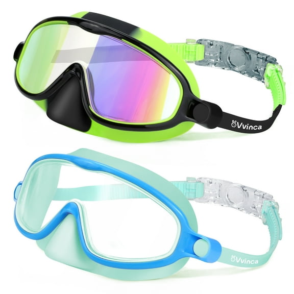 Vvinca 2 Pcs Kids-Swim-Goggles with Nose Cover, Swimming Diving Mask Wide View Anti Fog UV Anti Shattered Lens for Kids 3-6