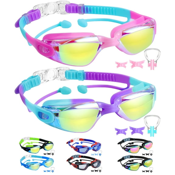 Vvinca Kids Swim Goggles, 2 Packs Swimming Goggles with Earplugs& Nose Clip Anti Fog/UV Goggles for Kids Youth Teens Age 3-15