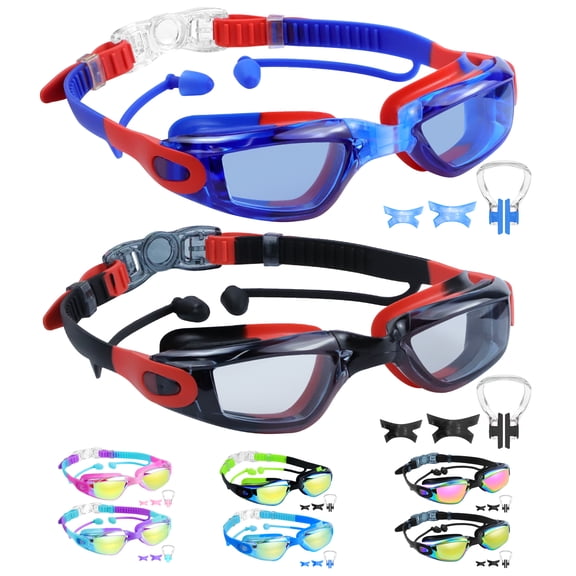 Vvinca Kids Swim Goggles, 2 Packs Swimming Goggles with Earplugs& Nose Clip Anti Fog/UV Goggles for Kids Youth Teens Age 3-15