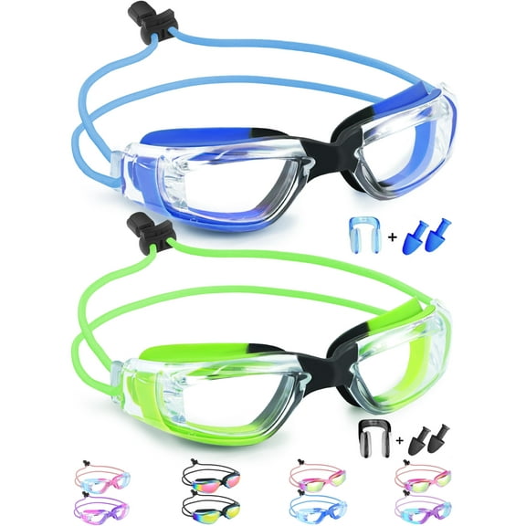 Vvinca Kids Swim Goggles with Bungee Strap 2pc, Toddler Goggles Anti-Fog& Anti-UV, No-Leak No Hair Pulling for Age 3-16