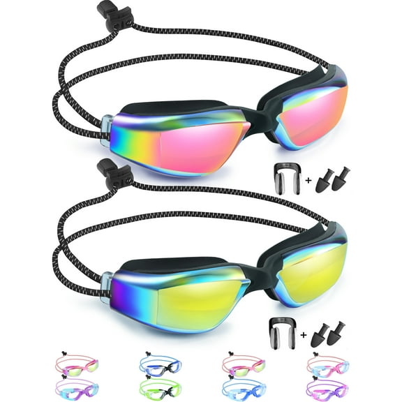 Vvinca Kids Swim Goggles with Bungee Strap 2pc, Toddler Goggles Anti-Fog& Anti-UV, No-Leak No Hair Pulling for Age 3-16