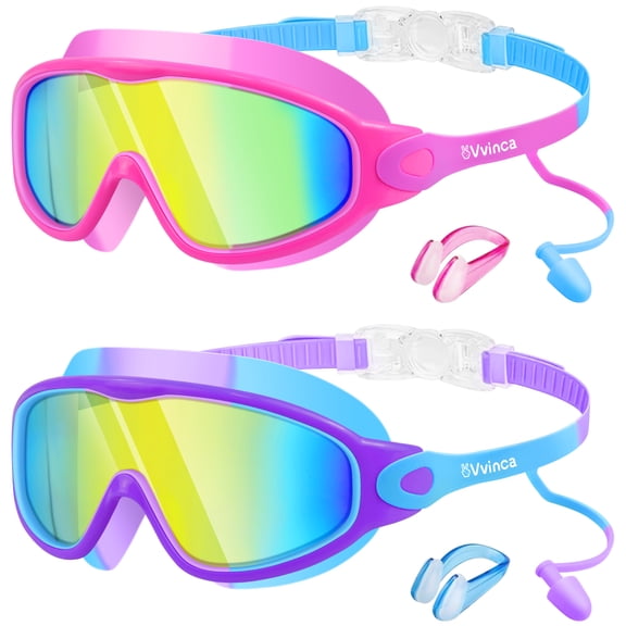 Vvinca Swim Goggles, Kids Goggles with Earplugs& Nose Clip Wide View Anti-Fog/UV Swimming Goggles for Age 3-15 Boys Girls