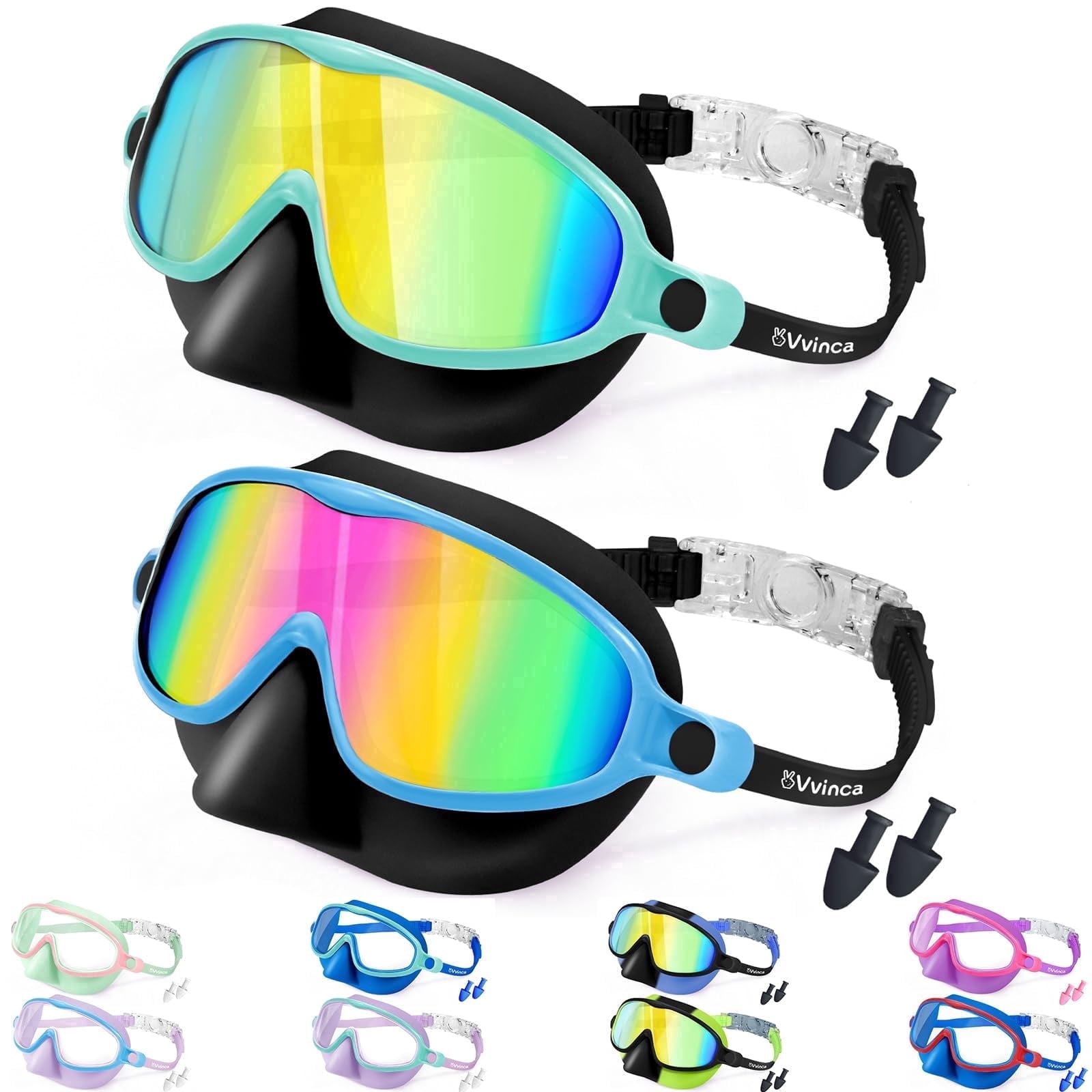 Vvinca Swim Goggles with Nose Cover, 2 Pack Wide View Diving Mask Anti-Fog UV No Leak Toddlers Swimming Goggles for Kids 3-14