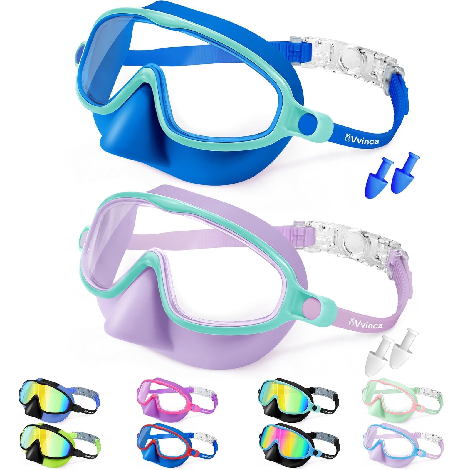Vvinca Swim Goggles with Nose Cover, 2 Pack Wide View Diving Mask Anti-Fog UV No Leak Toddlers Swimming Goggles for Kids 3-14