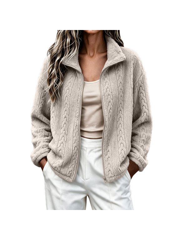 Soft Jacket for Women Long Sleeve Stand Collar Beige Winter Cable Textured Full Zip Pocket Jackets