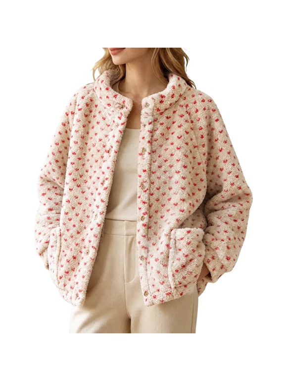 Warm Jackets for Women Long Sleeve Crew Neck Solid Color Winter Heart Print Button Pocket Fleece Lined Jackets
