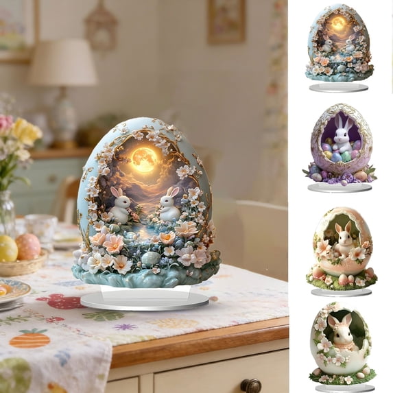 Vwrxbz Easter Decorations - Acrylic Rabbit Ornaments, 8x7 Inch 2D Flat Cute Design with Easter Egg Patterns, Hanging and Desktop Decorative Accessories for Decor