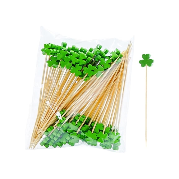 Vwrxbz St. Patrick's Day Clover Wooden Fruit Skewers, 100pcs Bamboo Picks for Appetizers, Cocktails, Sandwiches, Party Snacks, Decorative Food Presentation, 12cm Long