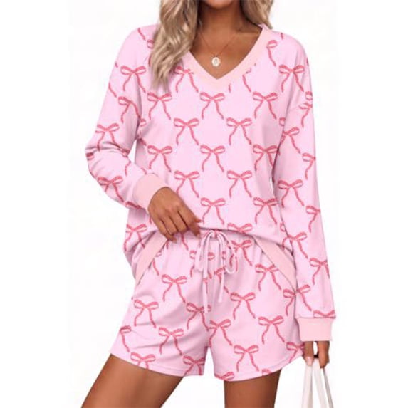 Vxararl 2 Piece Sets for Women 2026 Fashion Women Matching Outfit Loose Top Shorts V Neck Long Sleeve Casual Striped Matching Set Womens Pajama Sets Light pink M