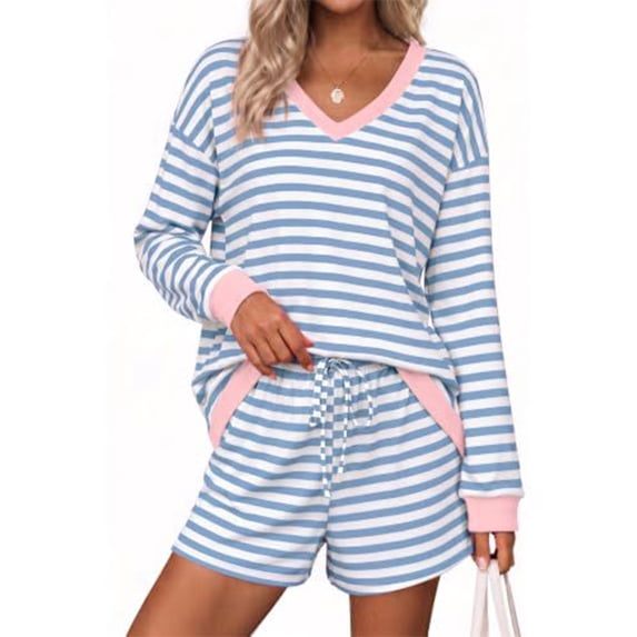 Vxararl 2 Piece Sets for Women V Neck Long Sleeve Casual Striped Matching Set Two Piece Vacation Sets, Airport Travel Outfit Loose Top Shorts Matching Sets Sky Blue 2xL