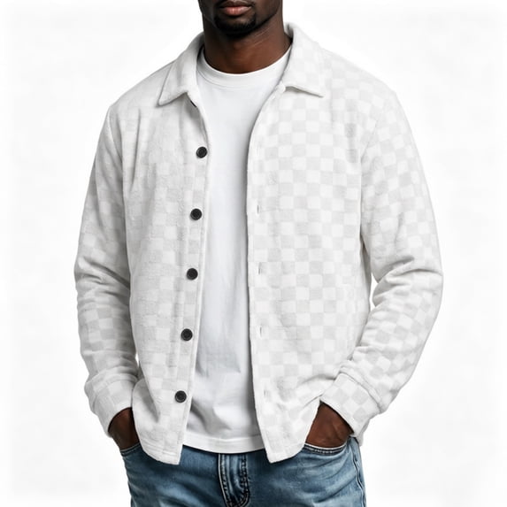 Vxararl Checkerboard Shacket Jacket Men, Classic Button‑Up Casual Checkerboard Shirt Overshirt, Vintage Check Shirt Jacket with Side Hand Pockets for Fall Season Daily Use White 2xL