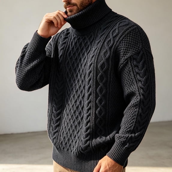 Vxararl Chunky Thermal Turtleneck Pullover Jumper for Men, Classic Cable Knit Long Sleeve Sweater Casual Warm Cold‑Weather Knit Top for Daily Dressing Black XL