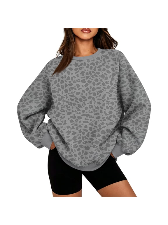 Crew Neck Sweatshirts Women Baggy Cute Y2k Sweatshirt Long Sleeve Loose Fit Graphic Tops Classic Leopard Graphic Pullover Camo Sweatshirt Light Gray XL