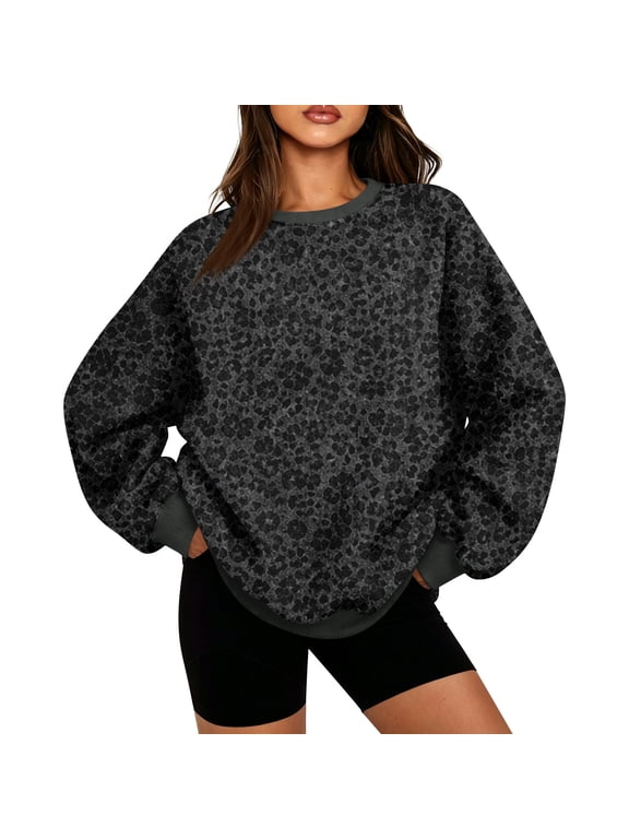 Crew Neck Sweatshirts Women Fall Winter Cute Trendy Outfits Classic Leopard Graphic Pullover Long Sleeve Crew Neck Casual Fleece Tops Cheetah Print Sweatshirt Dark Gray M