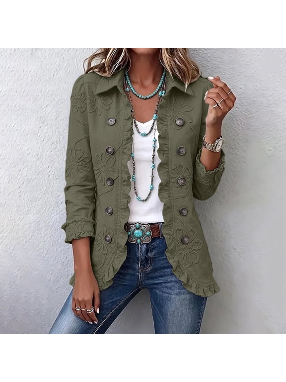 Fall Jackets for Women Office and Travel Wear Jackets for Women Ruffle Trim Button Down Jacket Long Sleeve Lapel Collared Double Breasted Vintage Print Tops Green XL