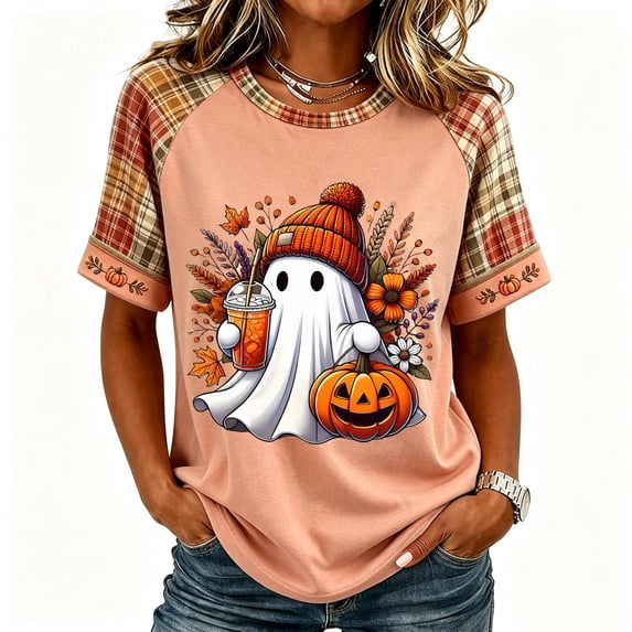 Vxararl Fall Shirts for Women Halloween Pumpkin Shirts Short Sleeve Graphic Tees Plus Size Ghost Graphic Cute Tees 2026 Funny Halloween Shirts Halloween Shirt Pink 2xL