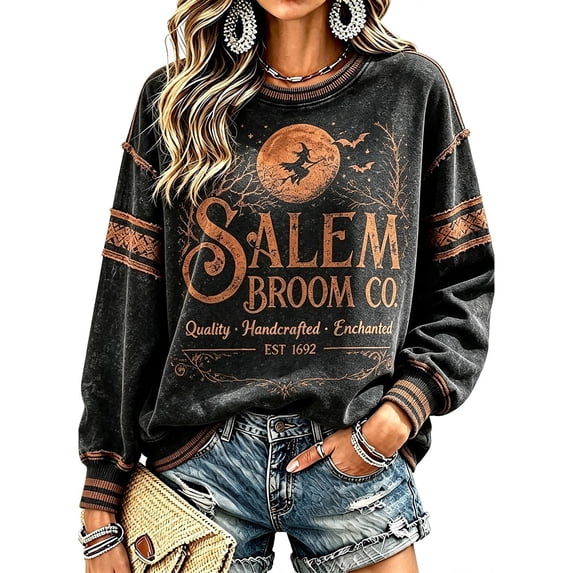 Vxararl Halloween Sweatshirt Halloween Costume Graphic Crewneck Tops Spooky Season Graphic Pullover Sweatshirt Salem Broom Company Sweatshirt Halloween Witch Shirt Women Black 3xL