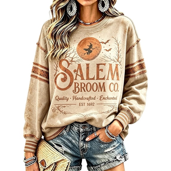 Vxararl Halloween Sweatshirt Long Sleeve Witch Tee Salem Broom Company Sweatshirt Spooky Season Graphic Pullover Sweatshirt Salem Massachusetts Sweatshirt Khaki 3xL
