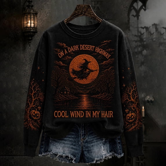 Vxararl Halloween Sweatshirts for Women Casual Festival Graphic Tees Tops Salem Broom Company Printed Halloween Witch Shirt Long Sleeve Crew Neck Comfort Tops Salem Sweatshirt Complexion 2xL