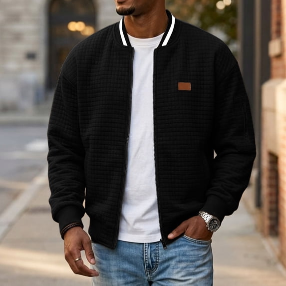 Vxararl Men Casual Collared Bomber Windbreaker Jacket, Full Zip Lightweight Work Golf Outerwear with Zipper Side Pockets for Street Shopping Outdoor Outfits Black M