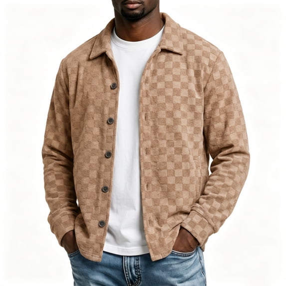 Vxararl Men Checkerboard Shacket Jacket, Classic Long Sleeve Checkerboard Shirt Overshirt, Lightweight Shirt Jacket with Side Hand Pockets for Fall Everyday Outfits Khaki S