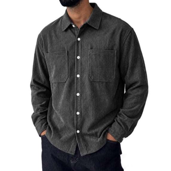 Vxararl Men Corduroy Jacket, Casual Vintage Corduroy Shirt Shacket, Long Sleeve Button‑Down Overshirt with Dual Chest Pockets for Fall Daily Outdoor Casual Wear Black L