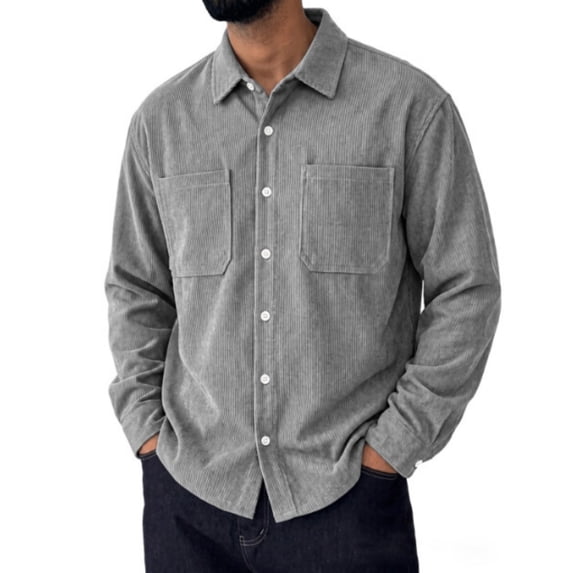 Vxararl Men Corduroy Trucker Style Shirt Jacket, Long‑Sleeve Button‑Up Vintage Corduroy Shirt Shacket, Casual Overshirt with Dual Chest Pockets for Everyday Daily Wear Gray 3xL