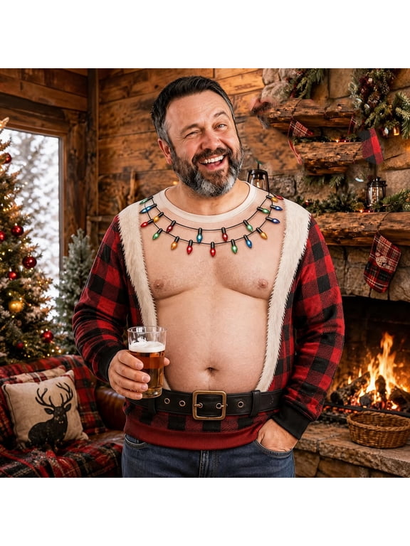 Men Ugly Christmas Sweater 3d Santa Hairy Chest Sweatshirts Funny Xmas Party Pullover Long Sleeve Shirts Holiday, Winter, Family Festival Clothings Ugly Christmas Sweater Hairy Chest