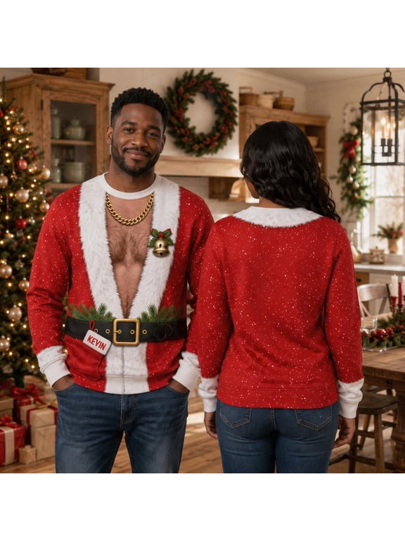 Men Ugly Christmas Sweater Xmas Gathering and Holiday Cosplay Clothings Funny Xmas Party Pullover Long Sleeve Shirts 3d Santa Hairy Chest Sweatshirts Hairy Chest Santa Shirt