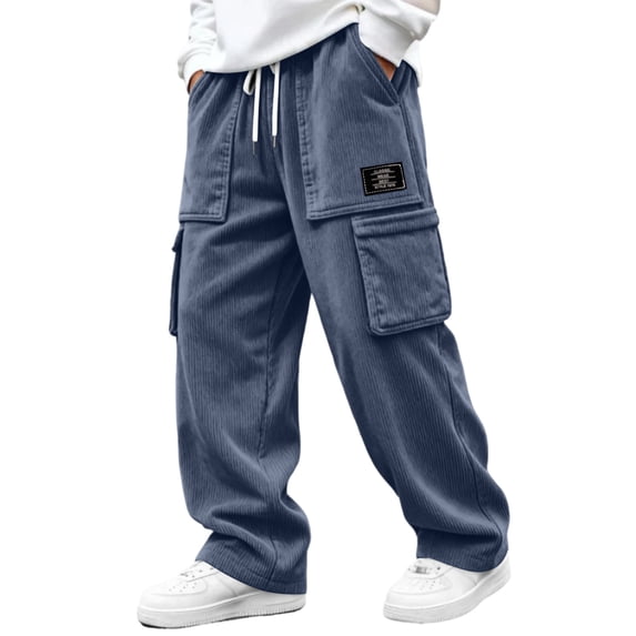 Vxararl Men Wide Leg Corduroy Cargo Pants, Loose Casual Street Trousers, Elastic Drawstring Waist Multi‑Pocket Pants for Fall & Winter Wear Royal Blue XL